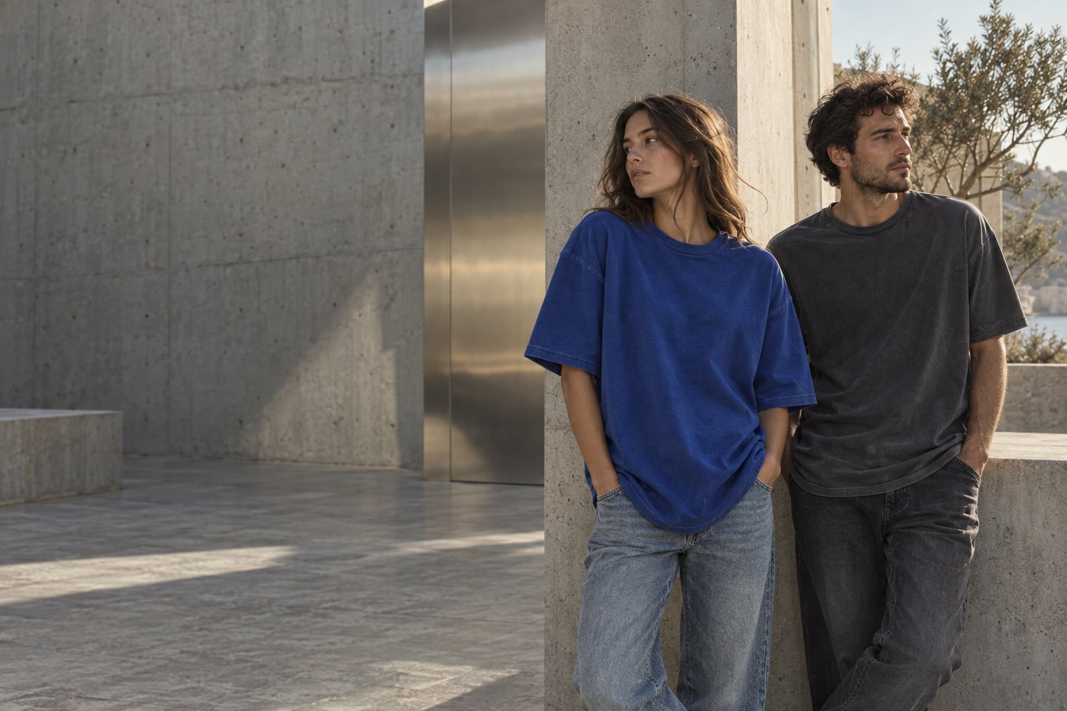 Duas pessoas vestindo camisetas oversized em um pátio de concreto iluminado pelo sol
